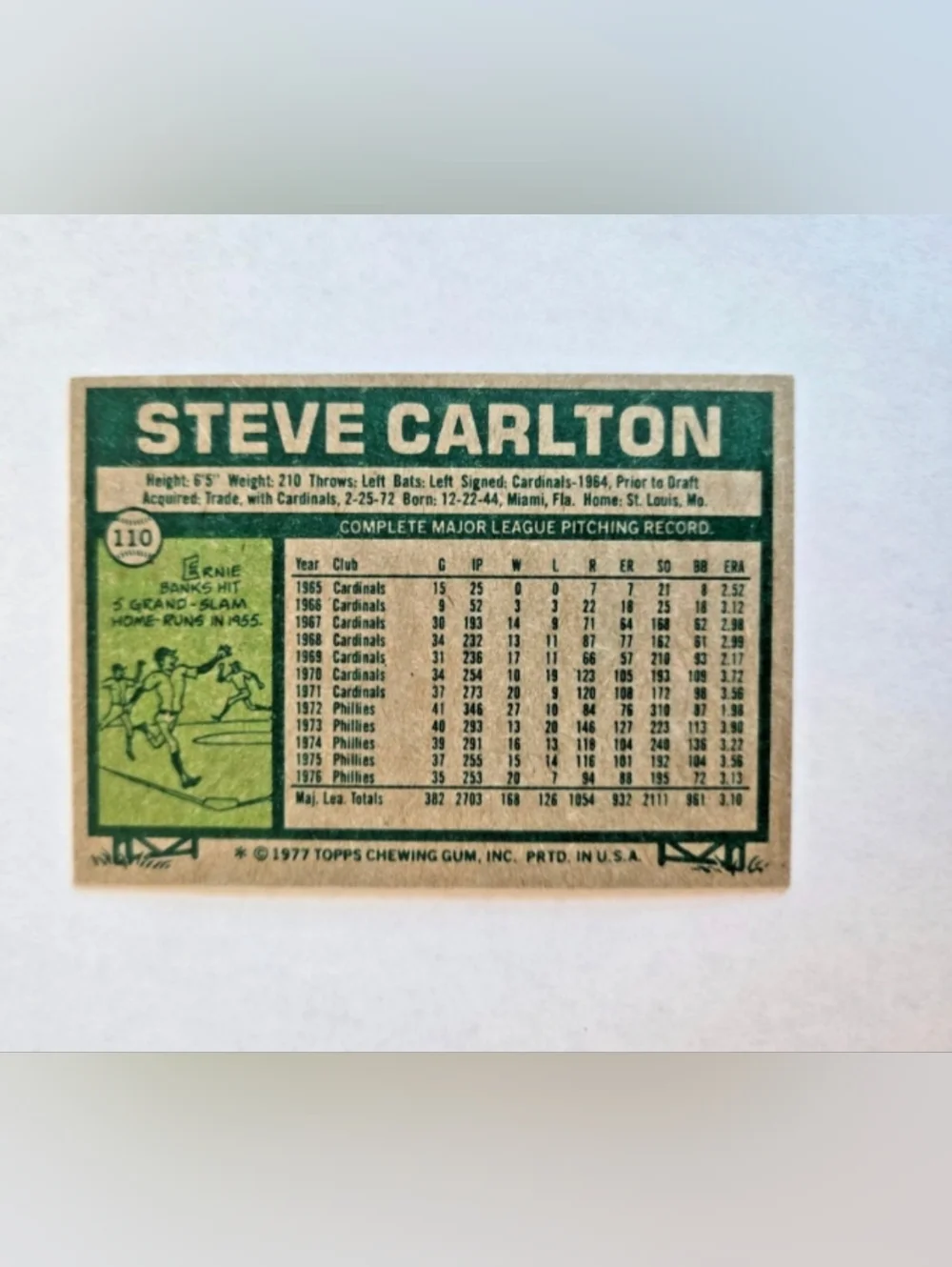 1977 Topps Baseball #110 Steve Carlton Phillies Autographed Near Mint  Or Better - Picture 2 of 4